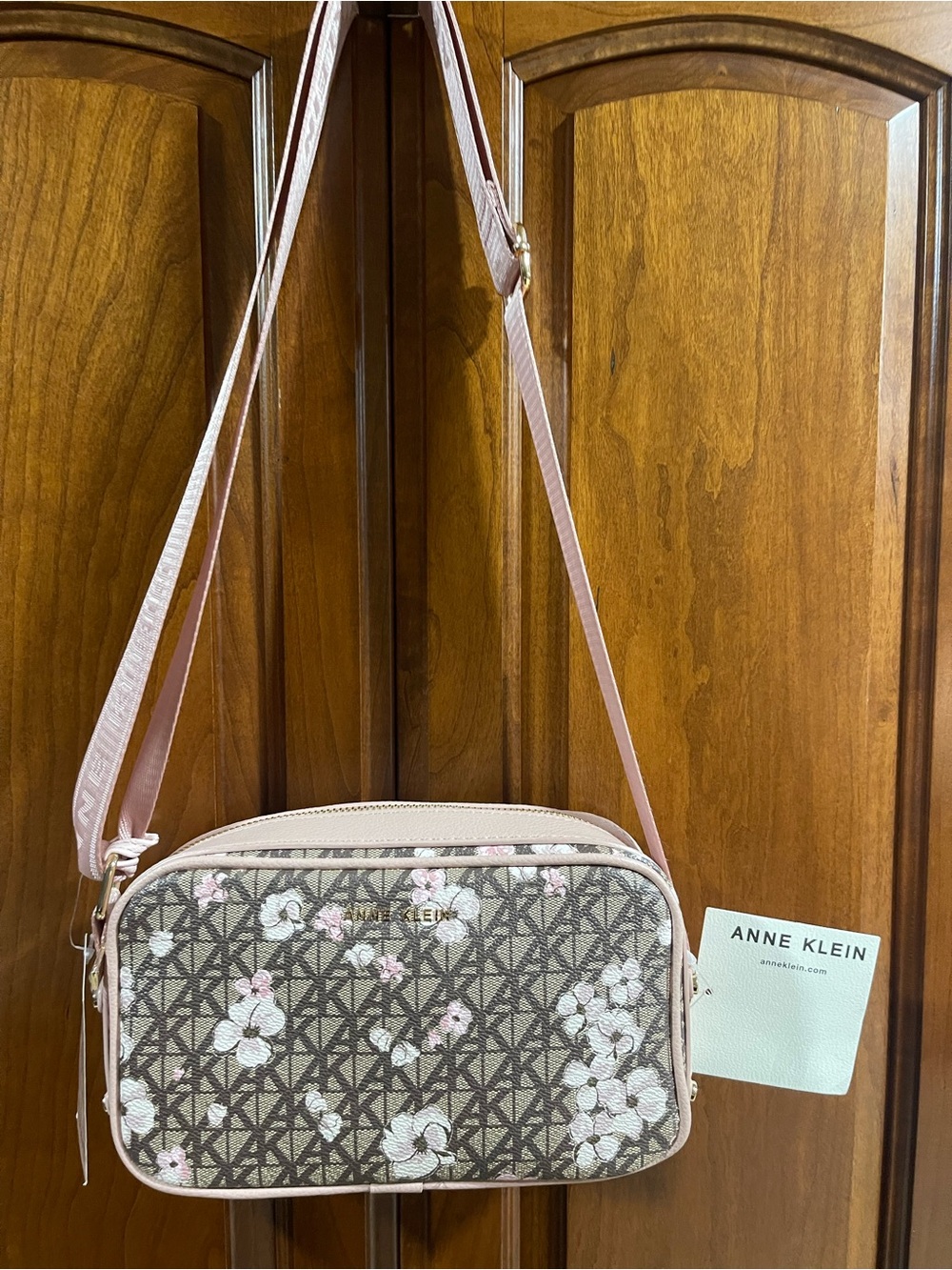 Anne Klein Brown Floral Monogram Crossbody with Pink Trim